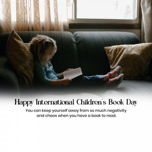 Girl reading a book on a sofa with text overlay 'Happy International Children's Book Day'