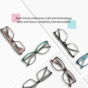 A flat lay of various colorful eyeglasses on a white background.