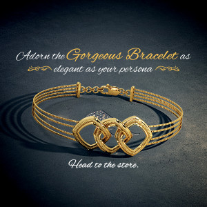 Close-up of a gold bracelet with heart-shaped links on a dark background