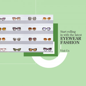 Display of various sunglasses and eyeglasses with text promoting new eyewear fashion.