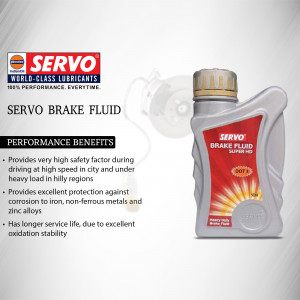 Image of Servo Brake Fluid bottle with product details and performance benefits.