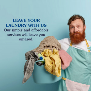 Man with laundry basket promoting laundry service