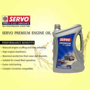 Image of a Servo Premium Engine Oil bottle with product details.
