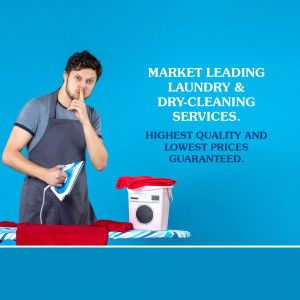Man in apron with laundry iron and clean clothes promoting laundry services