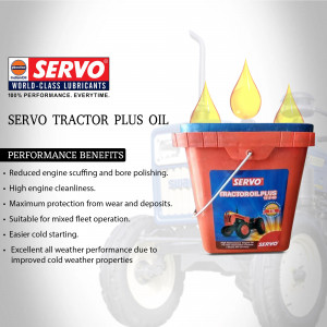 Image of a blue bucket of Servo Tractor Plus Oil with product details and a tractor illustration.