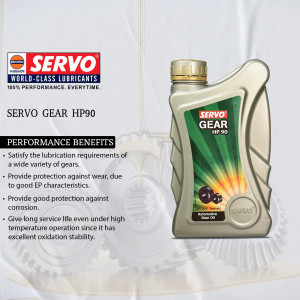 Image of a Servo Gear HP90 lubricant bottle with product details.