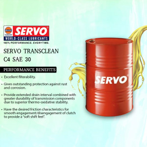 Image of a red Servo Transclean C4 SAE 30 lubricant drum with liquid splash.