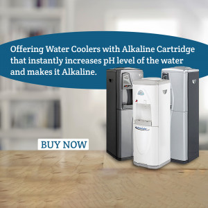 Image of alkaline water coolers with a promotional banner.