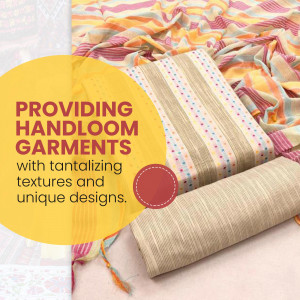 Close-up of handloom fabrics with promotional text
