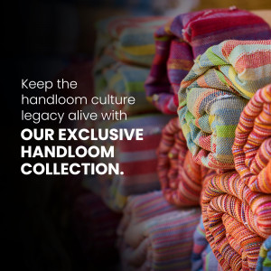 Colorful handloom textiles stacked together with promotional text.