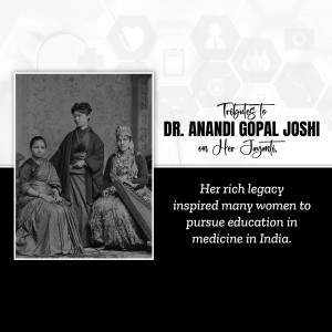Black and white portrait of Dr. Anandi Gopal Joshi with two women, commemorating her birth anniversary.