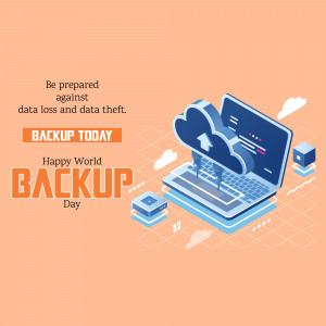 Isometric illustration of a laptop with a cloud and text promoting data backup.
