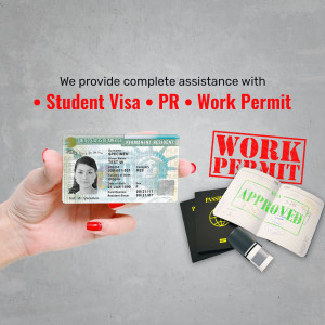 Hand holding a green card with work permit and passport stamps, representing immigration services.