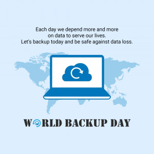 Image depicting a laptop with a cloud sync icon over a world map, promoting World Backup Day.