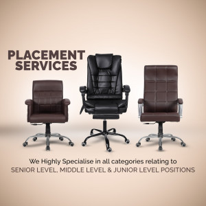 Image of three executive office chairs with text promoting placement services.