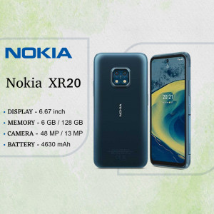 Nokia XR20 smartphone with display showing specs