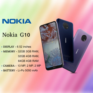 Nokia G10 smartphone with specifications displayed