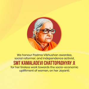 Portrait of Kamaladevi Chattopadhyay with text honoring her legacy