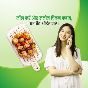 A woman on the phone with a plate of colorful chicken kebabs in the foreground.