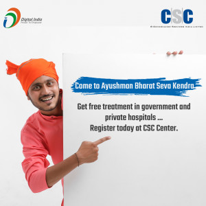 Man pointing to a sign promoting Ayushman Bharat Seva Kendra for free treatment.