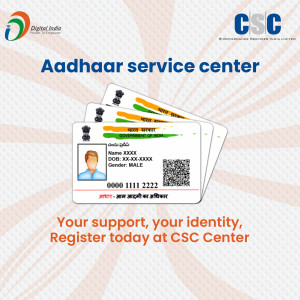 Image showing Aadhaar cards and CSC logo promoting Aadhaar services.