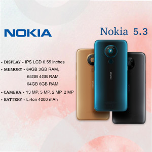 Nokia 5.3 smartphone in multiple colors - blue, gold, and black
