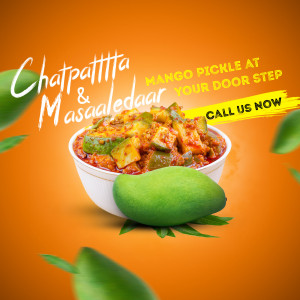 A promotional image for Chatpatta & Masaledaar Mango Pickle, featuring a bowl of pickle and mangoes.