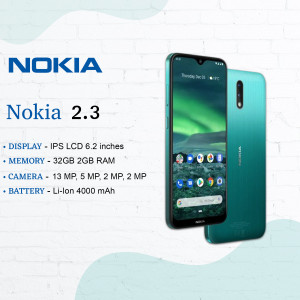 Nokia 2.3 teal smartphone with specifications listed