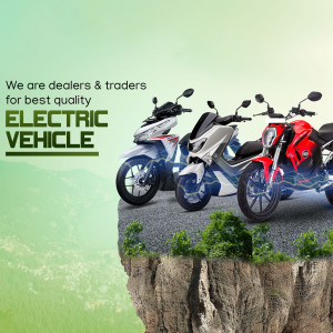 Three electric scooters displayed against a green gradient background with text promoting electric vehicle sales.