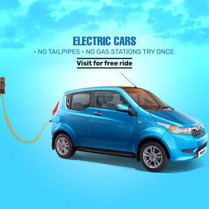 Blue electric car charging with a tagline promoting zero emissions.