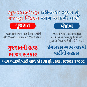 Political advertisement comparing Gujarat and Punjab with text in Gujarati.