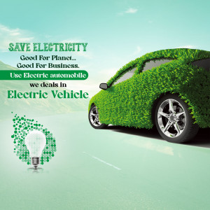 Electric car covered in grass with a lightbulb, promoting energy conservation and electric vehicles.