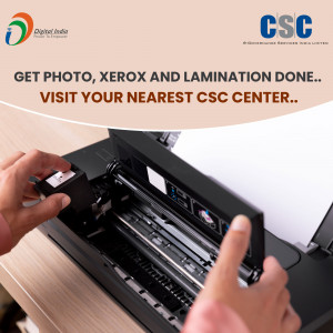 Image showing a person operating a printer at a CSC center, promoting photo, xerox, and lamination services.