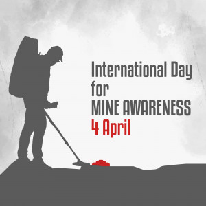 Silhouette of a deminer working with a metal detector, with text promoting International Day for Mine Awareness.