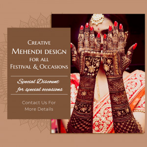 Close-up of hands adorned with intricate henna designs, promoting mehndi services.