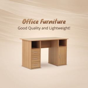 A light brown office desk with drawers and storage compartments.