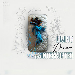 A woman dressed as a mermaid lying on a mattress designed to look like an ocean floor.