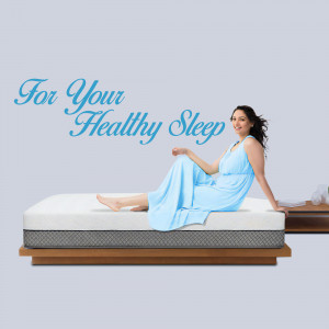 Woman relaxing on a comfortable mattress, promoting healthy sleep.