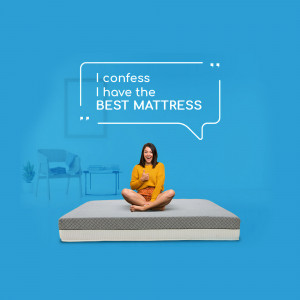 Woman sitting on a mattress with a speech bubble saying 'I confess I have the BEST MATTRESS'