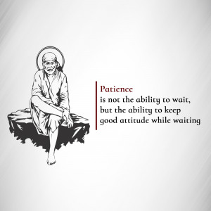 Black and white illustration of Sai Baba with a quote about patience.