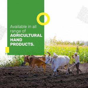 Image of farmers plowing a field with oxen, promoting agricultural hand tools.