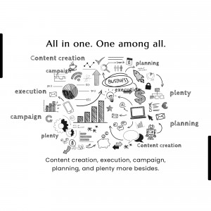 Hand-drawn illustration depicting various business concepts like content creation, campaign management, planning, and execution.