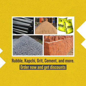 Collage of construction materials including rubble, kapchi, grit, cement, bricks, and steel bars.