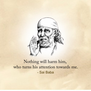 Black and white sketch of Sai Baba with a quote about protection.