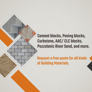 Collage of various building materials including cement blocks, paving blocks, and river sand.