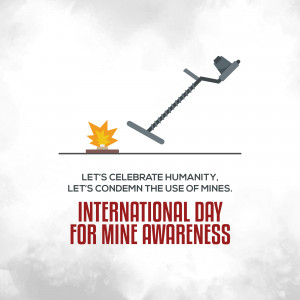 Illustration of a landmine detector and a burning flame with text promoting mine awareness.