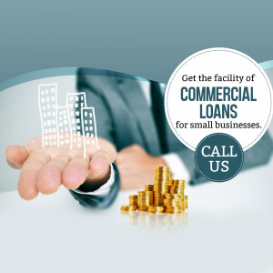 Hand holding a building outline and stack of coins, promoting commercial loans.