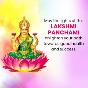 Image of Goddess Lakshmi on a lotus flower with festive text.