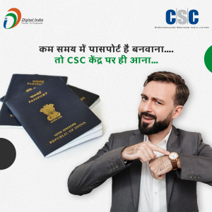 Man pointing at his watch with passports in the background, promoting quick passport services at CSC centers.