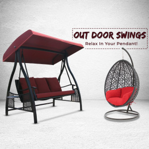 Outdoor swings with a red canopy and wicker egg chair